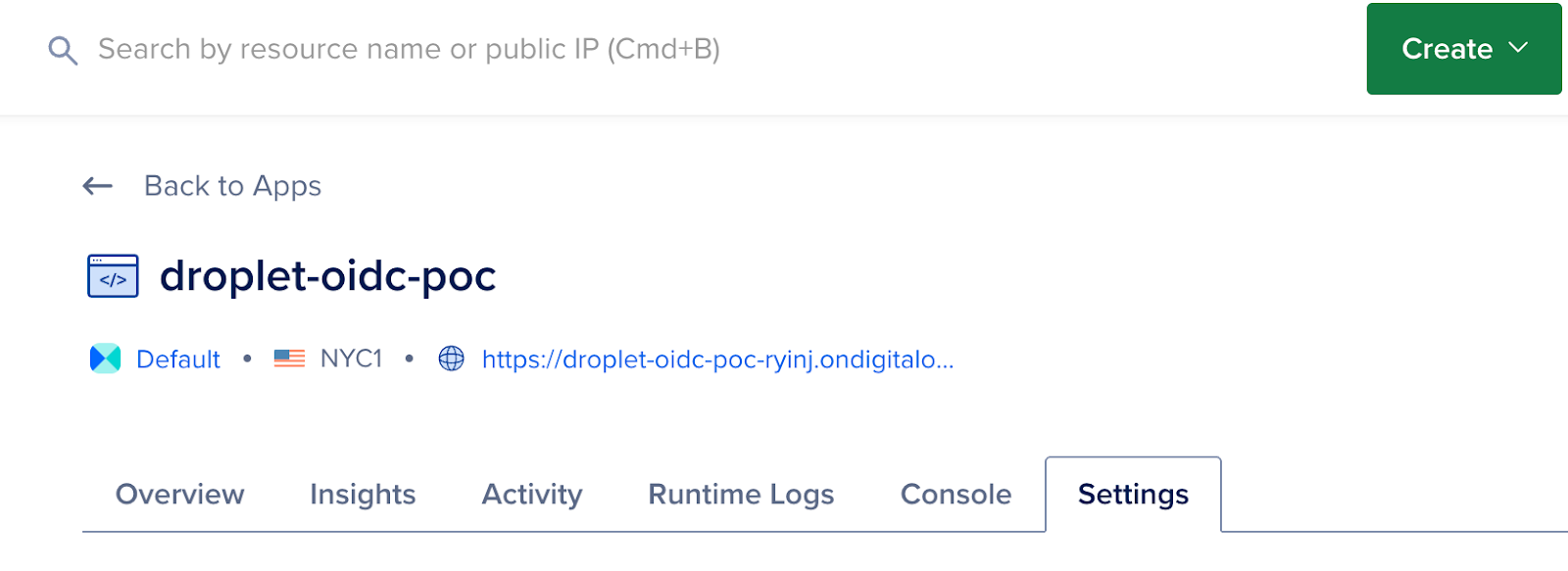 Deployed application FQDN shown on the App Platform dashboard.
